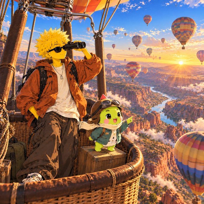 A yellow-haired character with sunglasses and binoculars peers through the wicker basket of a hot air balloon, accompanied by a small green dinosaur-like companion wearing a pilot's cap, as they soar above a breathtaking canyon landscape filled with other colorful balloons at sunset.