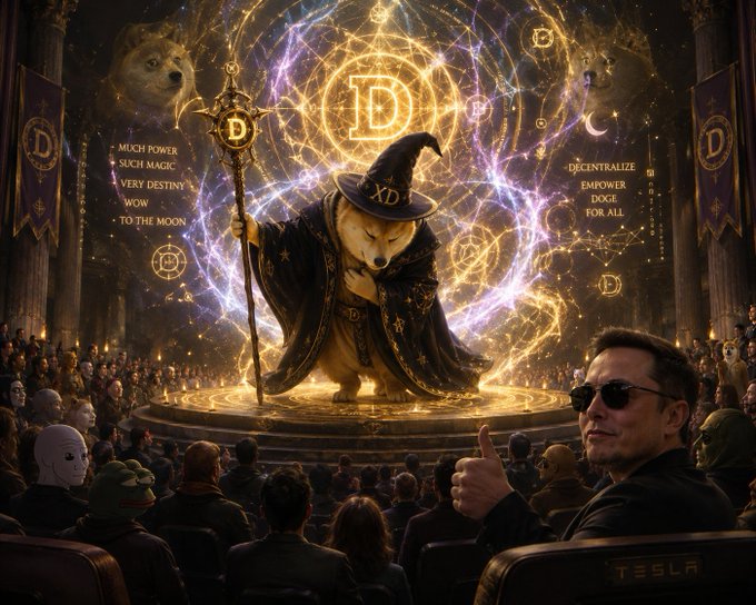 The image features a man sitting in front of an audience, with a cartoon dog holding a staff and wearing a hat. The man appears to be giving a speech or presentation, while several people are watching him from behind a curtain. A sign is displayed on the stage that reads "Only Doge from now on. No more squirrels. Adieu XÐ". This suggests that the image might have been created as part of an event or promotion related to the popular cartoon character, Doge. The man's speech could be about the importance of staying true to oneself and not succumbing to distractions, such as the squirrels in the image.
