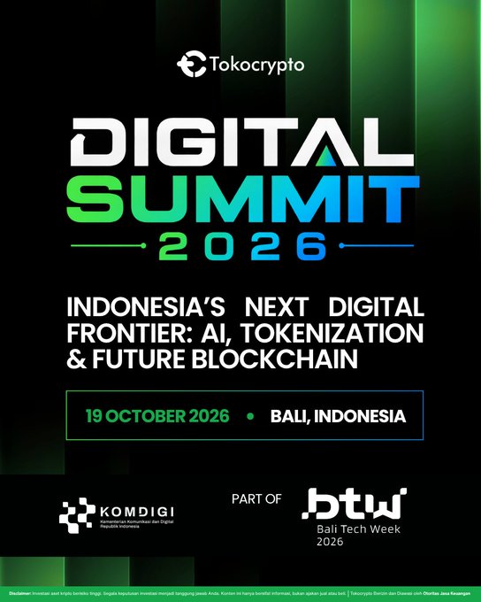 A promotional poster for the "Tokocrypto Digital Summit 2026," scheduled for 19 October 2026 in Bali, Indonesia, with the theme "Indonesia's Next Digital Frontier: AI, Tokenization & Future Blockchain." The event is presented as part of Bali Tech Week 2026 and is supported by KOMDIGI (Kementerian Komunikasi dan Digital Republik Indonesia), with a disclaimer at the bottom noting it is not a recommendation to invest in crypto assets.