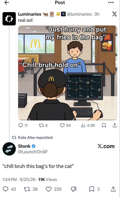 A screenshot of an X (formerly Twitter) post by user 'Stonk' (@LaunchOnSF) commenting on a meme that jokes about a McDonald's cashier putting fries in a bag meant for the cat, with 11K Views.