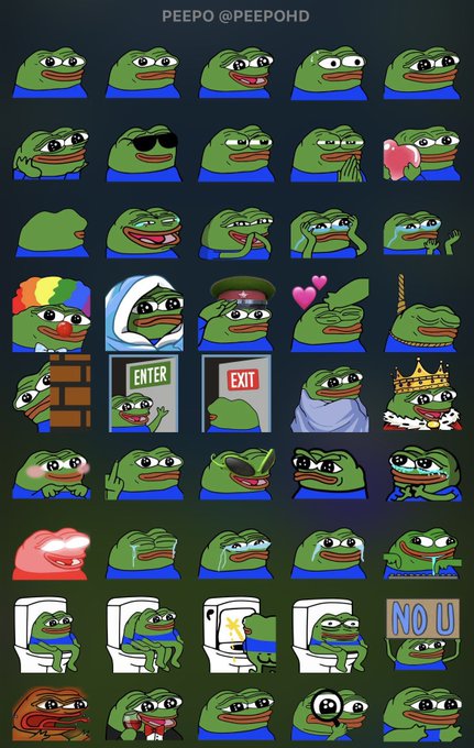 A grid of dozens of Pepe the Frog emoji variations showing different expressions and costumes, credited to 'PEEPO @PEEPOHD' at the top.