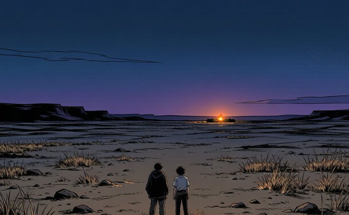Two figures stand together on a vast, arid plain, gazing out at a glowing sunrise on the distant horizon beneath a deep twilight sky. The image evokes a sense of quiet contemplation and shared purpose, mirroring the post's message about embarking on a genuine, transparent journey in Web3 — standing at the threshold of a new dawn, committed to authentic creation without shortcuts or deception.