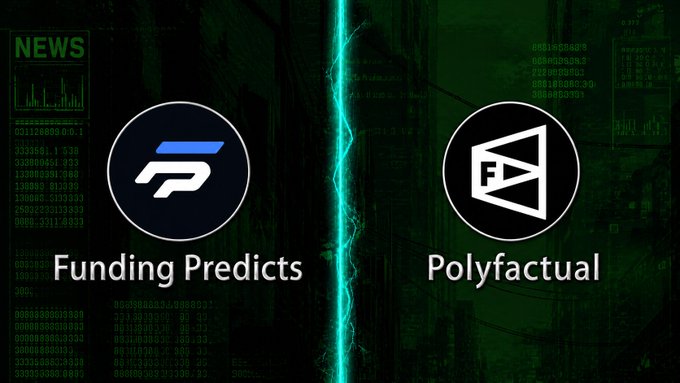 The image presents two logos for a website, both representing Prediction Markets or Financing Predicts, and they are set against an abstract background. The primary logo displays a blue circle with a white "F" inside, accompanied by the text "Funding Predictions", while the secondary logo features a black circle enclosing a white "P" and the text "Polyfactual". The two logos represent different aspects of the same company or organization.