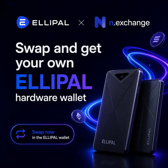 A promotional graphic announcing a partnership between ELLIPAL and n.exchange, featuring the text "Swap and get your own ELLIPAL hardware wallet" alongside images of two black ELLIPAL hardware wallets and a "Swap now in the ELLIPAL wallet" button. The post's call to action aligns with the image's promotion of in-app swapping through the newly integrated n.exchange route, with the top 10 swappers by volume eligible to win the featured hardware wallets.