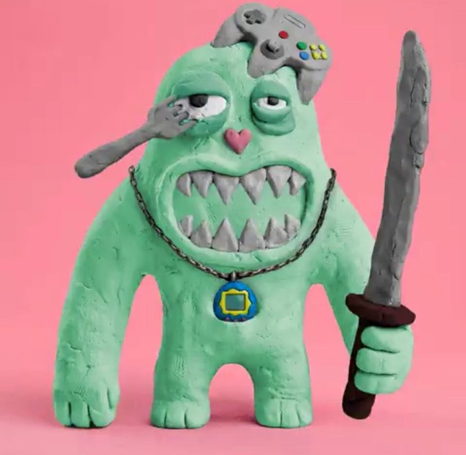 A green clay-like monster figure with sharp teeth holds a sword and wears a game controller on its head and a fork pendant, set against a pink background — visually representing the post's theme of aggressive "rekt" warnings and crypto market chaos to hype the @just_t00ns project.