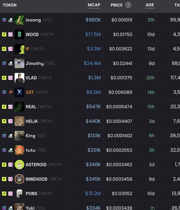The image shows a memecoin tracker listing tokens like loong/SOL ($980K MCAP), WOOD/WETH ($17.5M), VLAD ($1.3M), and XST ($6.0M) with their prices, ages, and transaction counts—a typical dashboard traders reference when scouting which low-cap memecoins to ape into.