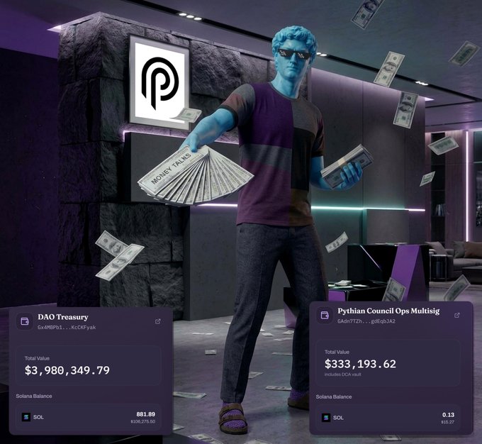 A promotional image features a blue-skinned 3D animated character holding a fan of cash, standing between displays for 'DAO Treasury' ($3,980,349.79) and 'Pythian Council Ops Multisig' ($333,193.62).
