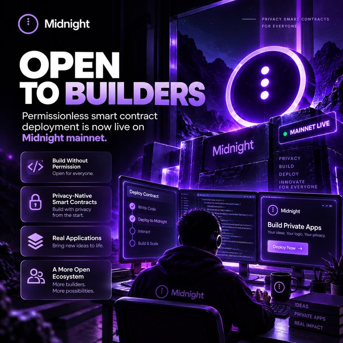 The image is a promotional graphic for Midnight, featuring bold text "OPEN TO BUILDERS" and announcing that "Permissionless smart contract deployment is now live on Midnight mainnet," highlighted by a "MAINNET LIVE" badge. A developer sits at a multi-monitor workstation showing code and a "Build Private Apps" interface, visually reinforcing the post's emphasis on enabling permissionless, privacy-focused smart contract development.