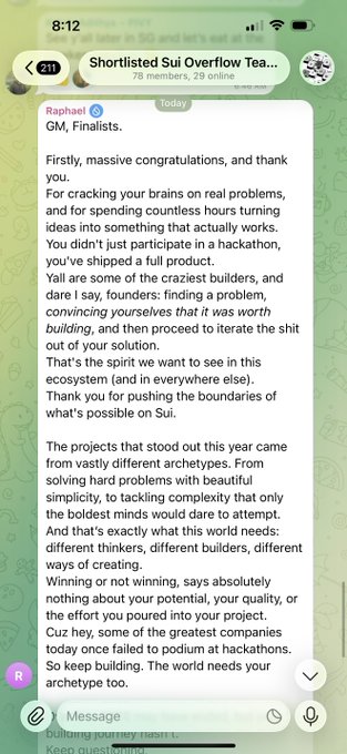 A mobile screenshot of a Telegram message from Raphael addressed to the 211 members of "Shortlisted Sui Overflow Tea...," congratulating finalists with a motivational speech about creativity and persistence. The accompanying post celebrates a 3rd place win in the SuiNetwork Overflow 2026 hackathon, directly aligning with the congratulatory theme of the displayed message.