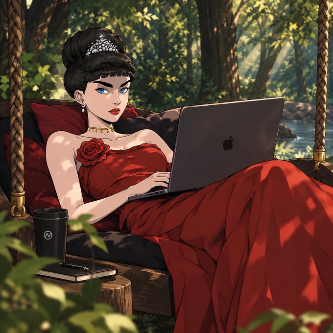 An anime-style illustration of a woman in an elegant red gown with a tiara using a laptop while reclining on a swing in a forest setting.