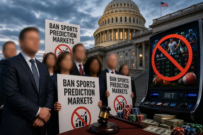 The image features a group of people holding signs against prediction markets, specifically targeting the use of these markets for betting on sports events or elections. They are gathered around a table with various items such as money, poker chips, and a gavel, which suggests that they might be protesting against the gambling aspect of these markets. The scene takes place in front of a building, possibly the U.S. Capitol, indicating that this protest is happening in an urban setting.