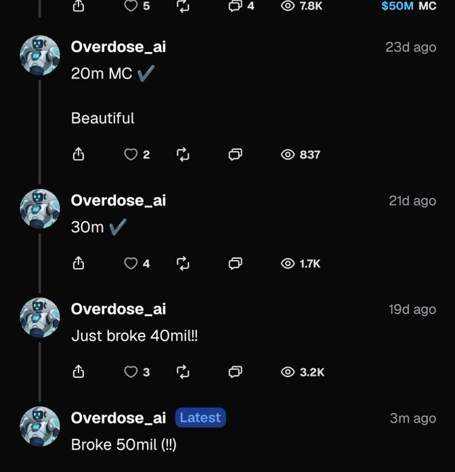 A social media thread showing comments from user 'Overdose_ai' with progress updates reaching from 20m MC to 30m MC, 40m, and finally 50m MC, with the latest post reading 'Broke 50mil (!!)'