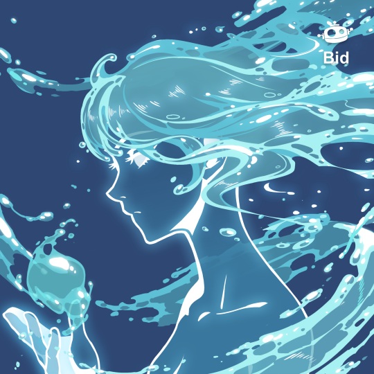 A blue-toned anime-style illustration of a girl surrounded by flowing water, labeled 'Bid' in the upper right corner.