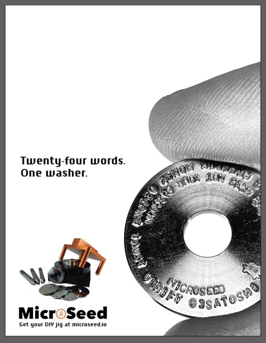 An advertisement for Microseed reads 'Twenty-four words. One washer.' and 'Get your DIY jig at microseed.io,' featuring a close-up of a coin-like metal disc with engraved words including 'MICROSEED' and 'VERIBY' held between fingertips, alongside a small hardware jig.