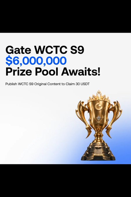 Promotional graphic reading “Gate WCTC S9,” “$6,000,000 Prize Pool Awaits!” and “Publish WCTC S9 Original Content to Claim 30 USDT,” with a gold trophy resembling the League of Legends Worlds Cup trophy.