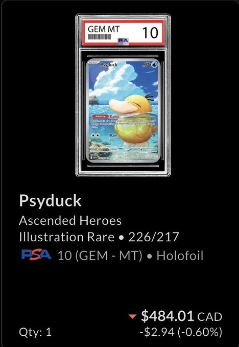 A PSA-graded trading card of Psyduck from the Ascended Heroes Pokémon set, rated GEM MT 10 Holofoil, priced at $484.01 CAD.