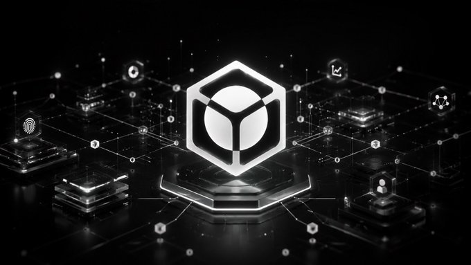 A dark, futuristic digital graphic featuring a glowing central cube emblem surrounded by floating hexagonal icons connected by a network of lines.