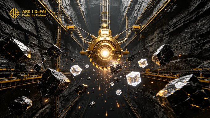 A gold and black mining cavern scene shows a glowing mechanical drill surrounded by floating rocks, crystalline cubes, and metal scaffolding, with the "ARK | DeFAI — Code the Future" logo in the upper left. The imagery of extraction and discovery visually reinforces the post's message about mining opportunities through the Arkie AI App to build smarter within the ARK ecosystem.