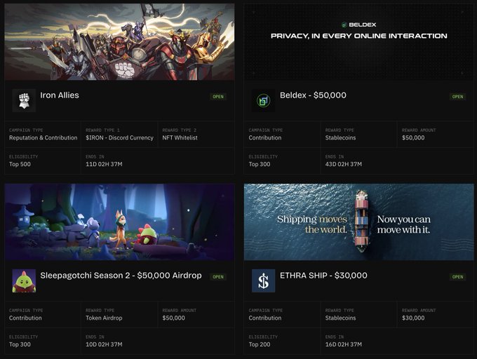 The image displays a dashboard of four active infofi campaigns on what appears to be the Nucleus platform, including "Iron Allies" with a $50,000 reward tied to IRON Discord Currency and NFT Whitelist eligibility, "Beldex" with a $50,000 Stablecoin reward, "Sleepagotchi Season 2 - $50,000 Airdrop" via Token Airdrop, and "ETHRA Ship - $30,000" via Stablecoins, all with countdown timers and Top 200-300 eligibility limits—visually confirming the post's claim that this Kaito-style campaign model is still alive with multiple live reward opportunities.