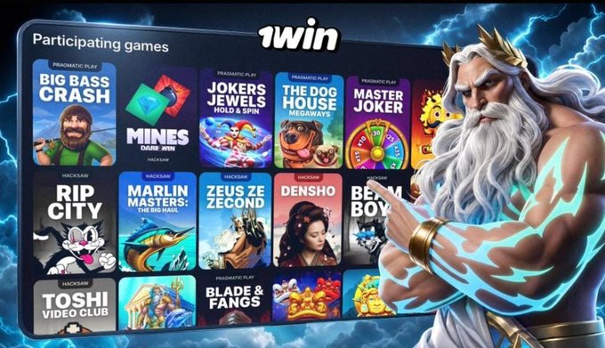 The image is a promotional graphic for a "1win" casino tournament featuring a muscular, white-bearded Greek god character pointing at a grid of participating Pragmatic Play and Hacksaw games like Big Bass Crash, Mines, Joker's Jewels, Dog House Megaways, and Rip City. It visually supports the post's announcement of a $200,000 USDT tournament on 1win, highlighting the variety of slots available where players can compete based on multipliers rather than wager amounts.