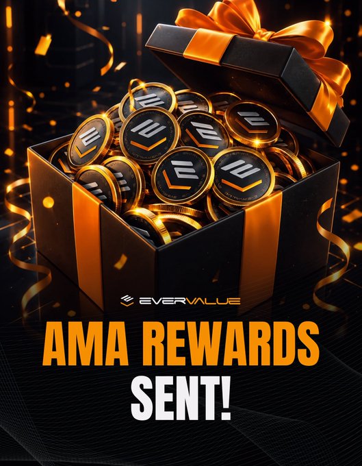 A black gift box with orange ribbon overflows with gold and black "EVERVALUE" tokens, celebrating the distribution of AMA rewards to community winners. The text "AMA REWARDS SENT!" and the EverValue logo are prominently displayed, directly reinforcing the post's announcement about successfully delivering prizes—including 2 EVA to winner Luiz Heitor Perwira—following the CTBR community event.