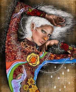 A surreal, highly detailed painting of a woman with flowing white hair, adorned with roses and intricate patterns on her clothing, with small dangling elements.
