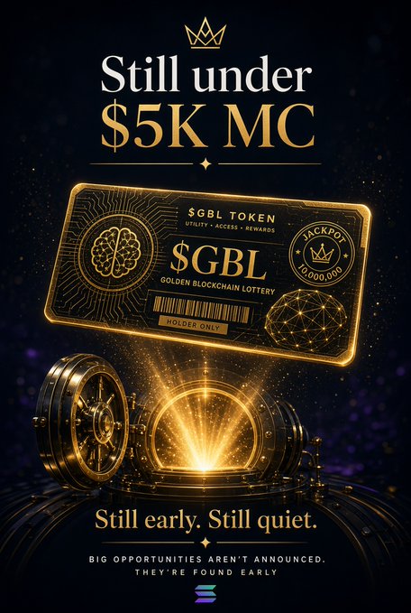 Promotional poster reading 'Still under $5K MC' for '$GBL - Golden Blockchain Lottery' token, featuring a golden ticket and vault imagery with text 'Still early. Still quiet. Big opportunities aren't announced. They're found early.'