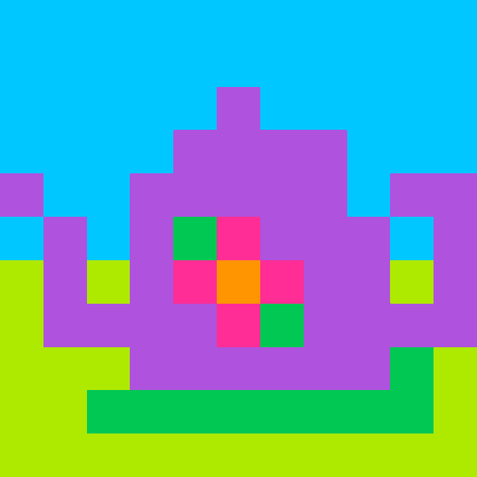A simple pixel art image featuring a purple geometric shape with colorful blocks in the center against a bright blue sky and green ground.