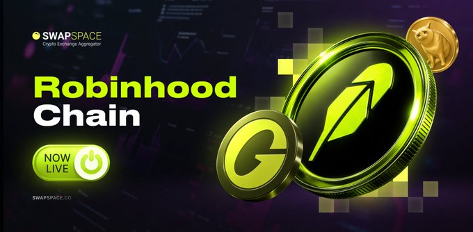 A promotional graphic for "Robinhood Chain" on the SwapSpace Crypto Exchange Aggregator, featuring neon green logos for Robinhood and a stylized 'G' coin.