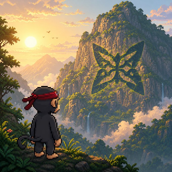 A pixel-art ninja gazes at a towering mountain etched with a butterfly emblem, bathed in golden sunset light with waterfalls cascading down misty cliffs. The image mirrors the post's theme by depicting a lone figure on a quest toward an emerging frontier—paralleling the journey toward quantum computing, where decentralized pioneers like QuipNetwork are carving out new pathways beyond traditional chip-based resources.