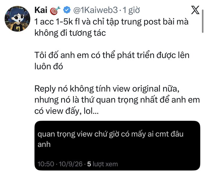 A Vietnamese tweet from user Kai (@1Kaiweb3) posted on 10/9/26 discussing social media engagement strategies, mentioning accumulating 1-5k followers and the importance of views for growth.