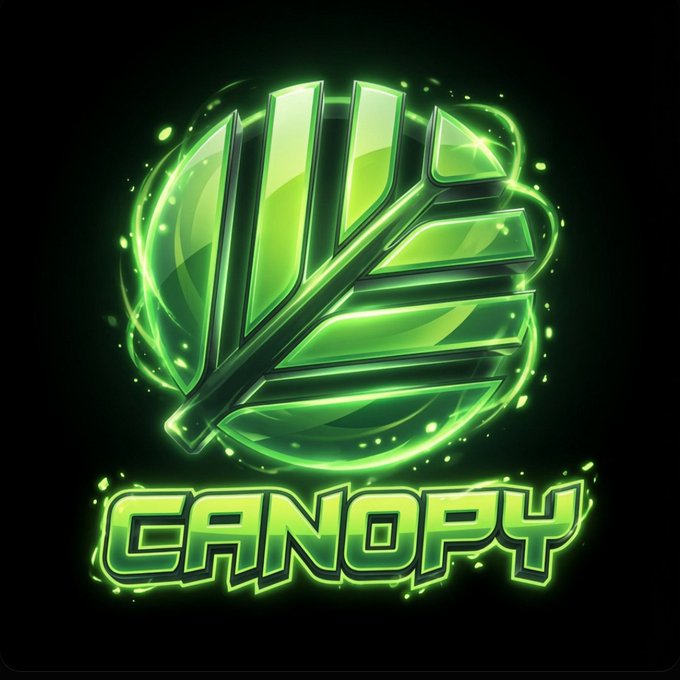 A glowing neon green logo featuring a stylized leaf design with the text 'CANOPY' beneath it on a black background.