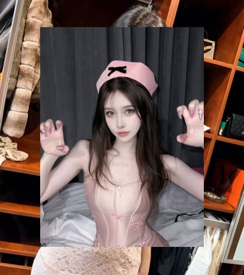A young woman wearing a pink beret and pink corset-style top poses playfully with claw-like hand gestures in a bedroom setting.