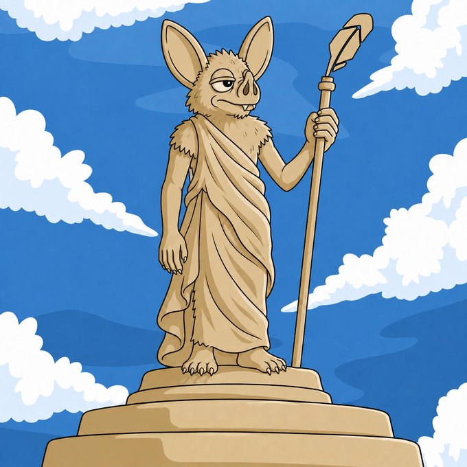 A statue-style illustration of a furry character in a draped toga holding a spear, standing on a stone pedestal against a blue sky with white clouds, resembling a Greek deity.