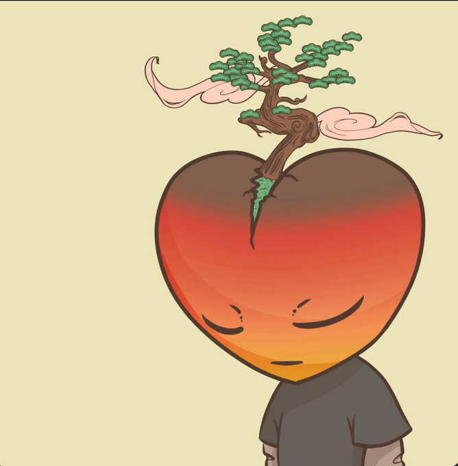 An illustration of a character with a heart-shaped head split open at the top, from which a small bonsai-like tree with clouds grows.