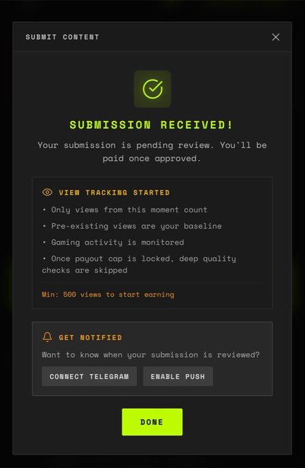 A 'SUBMISSION RECEIVED!' confirmation screen states the submission is pending review and includes a 'VIEW TRACKING STARTED' section noting that pre-existing views serve as baseline and gaming activity is monitored, with a minimum of 500 views to start earning.