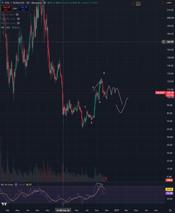 A 3-day SOL/USDT chart on Binance shows a clear 5-wave impulsive rise from the May lows, peaking near $130 before a wave 4 correction, with RSI displaying bearish divergence at 38.97, supporting the post's expectation of a multi-month consolidation correction lasting into January.