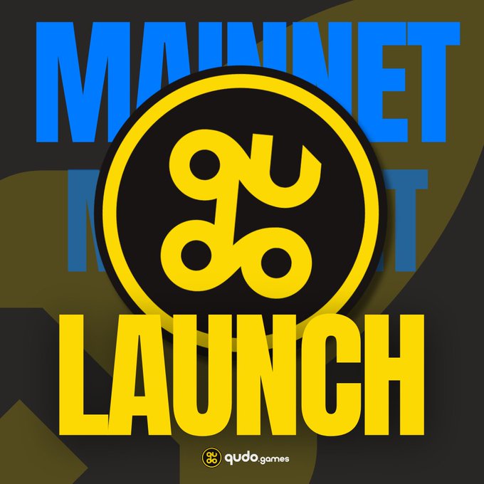 A bold promotional graphic featuring the words "MAINNET LAUNCH" in large blue and yellow lettering, with a central yellow circular logo displaying a stylized interconnected symbol. At the bottom, the "qudo.games" branding appears, tying into the celebration of QUDO_games' Telos Zero mainnet launch built for high-speed, zero-cost onchain gaming experiences.