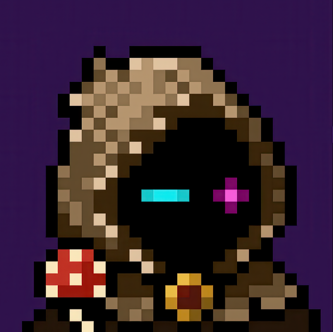 A pixel art depiction of a hooded figure with mismatched glowing eyes (one cyan, one magenta), holding an orb and wearing a decorated robe, set against a purple background—evoking a mystical "wizard" aesthetic that playfully ties into the post's "Human or Mancer" theme, where @MancerXYZ is portrayed as a magical solution for smooth, low-fee crypto swaps on Robinhood.