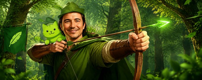 A man dressed as Robin Hood in a forest setting aims a glowing green arrow while a cute green cat mascot perches on his shoulder, fitting the $meow crypto promotion's playful "RobinHood cat movement" theme.