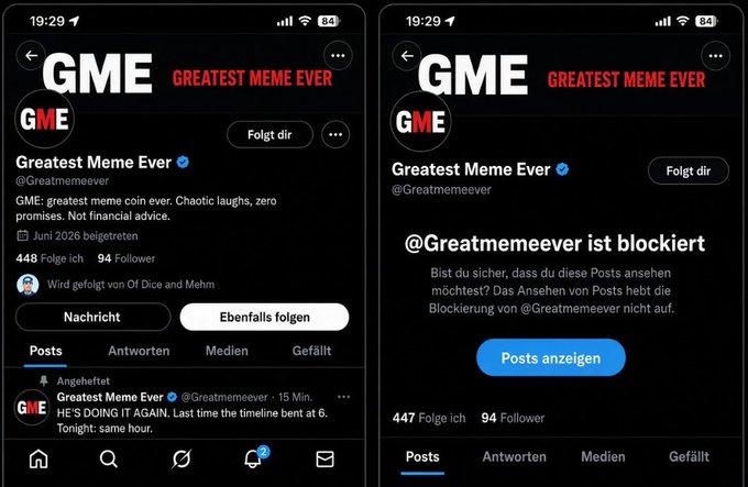 Two Twitter/X screenshots showing the profile of 'Greatest Meme Ever' (@Greatmemeever) with the tag 'GME GREATEST MEME EVER'; the right screenshot indicates the account is blocked.