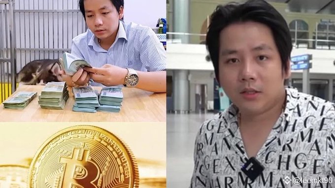 A composite image shows a man in a striped shirt counting stacks of cash beside a dog (top left), a close-up of a Bitcoin (bottom left), and the same man in a patterned Versace shirt (right), watermarked "@leemki90".