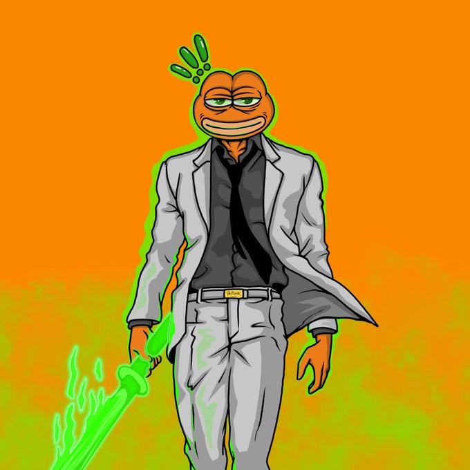 A digital illustration of a Pepe the Frog character dressed in a white suit and black tie, holding a green glowing sword against an orange background.