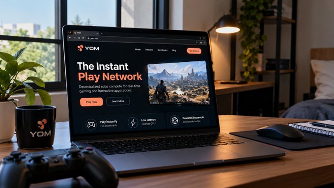 A laptop on a wooden desk displays the 'YOM' website advertising 'The Instant Play Network' for decentralized edge computing, alongside a branded mug and game controller.