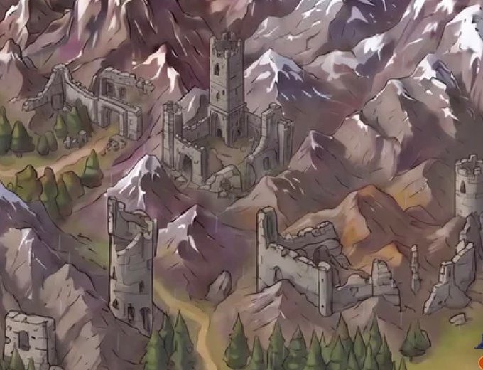 An illustrated map depicting a mountainous landscape with several stone castles, towers, and pine trees.