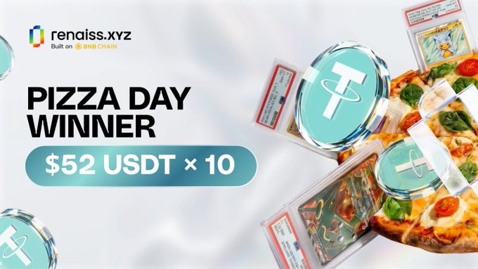 The image shows a pizza with various toppings, including spinach, peppers, tomatoes, mushrooms, olives, cheese, and sausage. It also features a few cards of different shapes and sizes. The text in the image reads "Pizza Day Winners Are Here A big shoutout to our 10 Pizza Day winners ... each of you has won 52 USDT Congrats to: @donald_mvp @BlockChain_CK @nopzty @myway10041004 @seanfullerton1 @killbill091 @HarryCheoh @K1nny_HL @wuya666eth @321_neo123". The context of the image suggests that this is a post announcing pizza day winners, and the various items in the photo, including slices of pizza with different toppings and cards, provide visual aids to support the message.