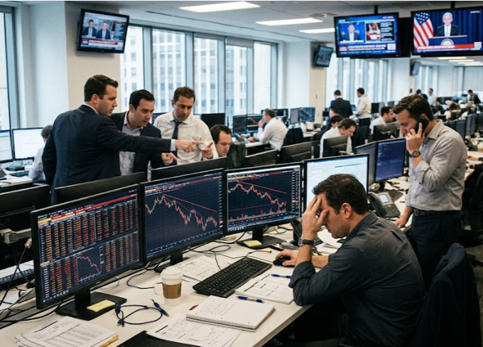 A photograph of a busy trading floor filled with men in business attire working at multi-monitor computer stations displaying stock charts and financial data, with news broadcasts playing on wall-mounted TVs.
