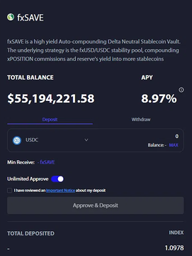 A screenshot of the fxSAVE vault interface displaying a total balance of $55,194,221.58 and an APY of 8.97%, supporting the post's observation that fxSAVE currently holds 5519万刀, which is close to but slightly less than the Stability Pool Gauge's 5697万刀.