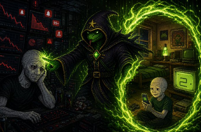 The image features a man sitting at a desk with a computer, while another person sits next to him holding a cell phone. The scene takes place in an office setting where there are multiple computers and monitors present. A green aura surrounds them, creating an atmosphere of mystery or magic. The caption reads "We solve this by providing the signal No ads. No cost. No bs. And bringing back that feeling again". This phrase is related to the image as it suggests a connection between the man with the computer and the person holding the cell phone, possibly indicating their collaboration in solving problems or sharing information without any external distractions.