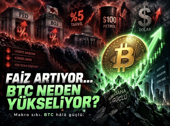 A graphic in Turkish about rising interest rates and Bitcoin, displaying 'FAİZ ARTIYOR... BTC NEDEN YÜKSELİYOR?' with imagery of the FED, BOJ, oil, and a large Bitcoin coin.